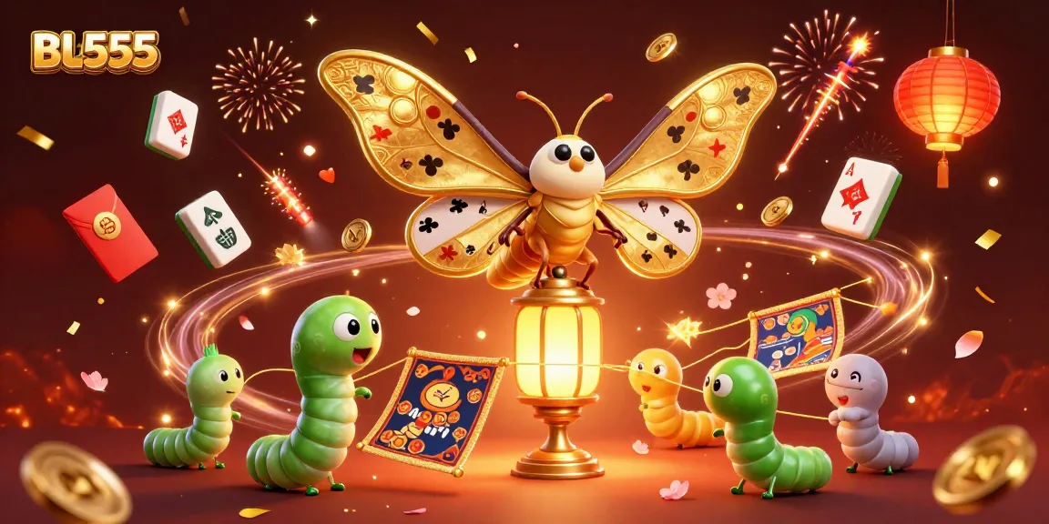 Play and win at BL555, featuring a mesmerizing 3D illustration of a moth and casino elements.