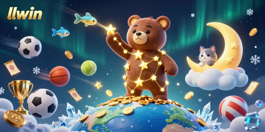 Experience llwin's vibrant online casino world with constellation-themed characters and sports elements in a dynamic atmosphere.
