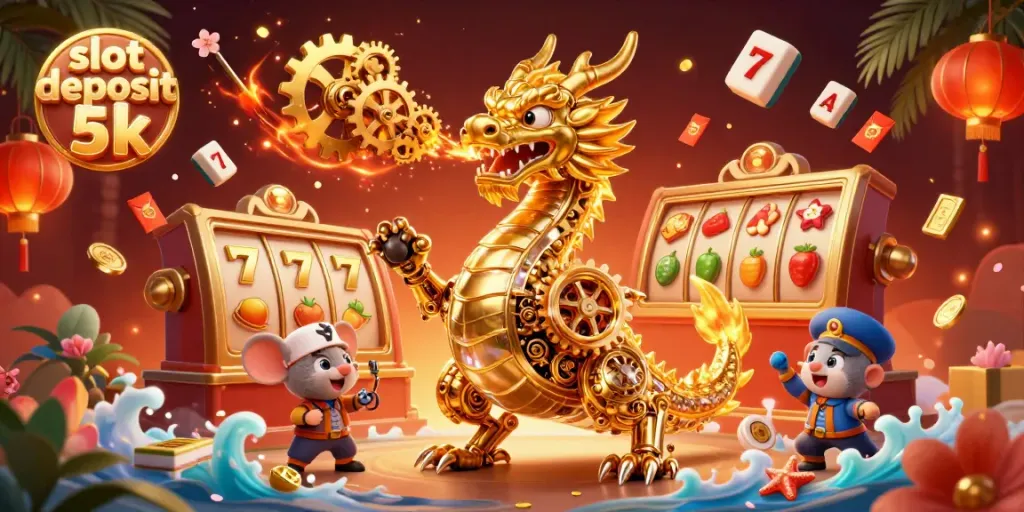 Experience thrilling gameplay with slot deposit 5k, featuring vibrant symbols and a golden dragon guardian.