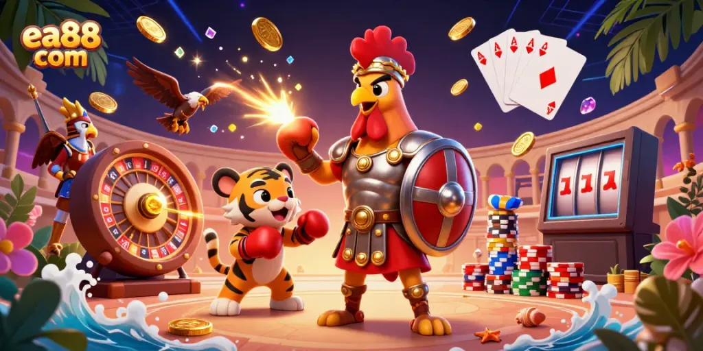 Experience thrilling action with ea88 com as the mascot rooster battles, surrounded by casino excitement.
