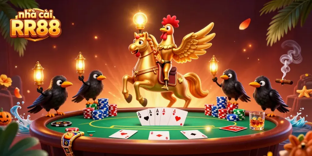 Experience the thrill at nhà cái RR88 with a vibrant casino scene featuring dynamic characters and gaming elements.