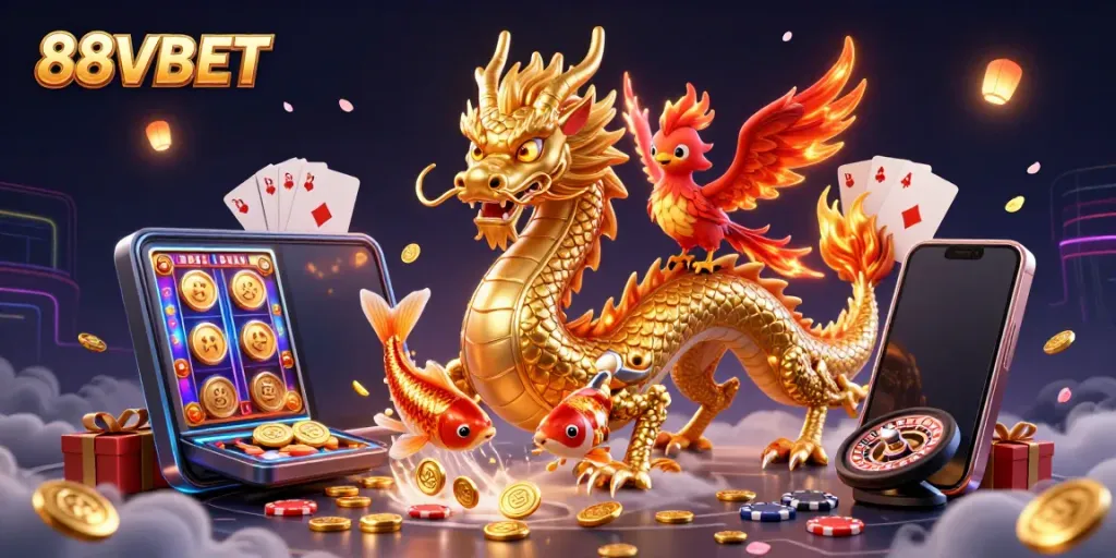 Engage with 88VBET's thrilling Chinese dragon and phoenix scene, celebrating fortune in a casino realm.