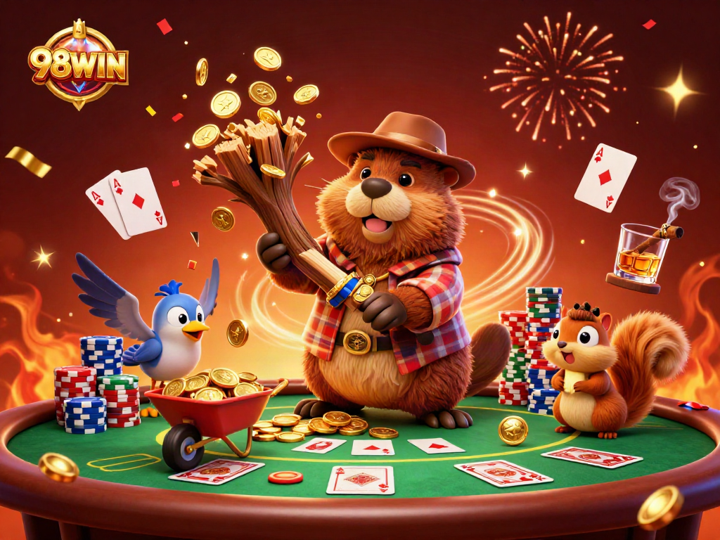 Play and win at 98WIN with vibrant cartoon characters in a lively casino scene.