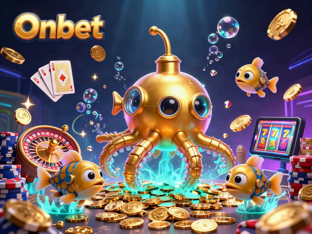 Engage with Onbet’s thrilling scene of a golden kraken submarine amidst vibrant casino elements.