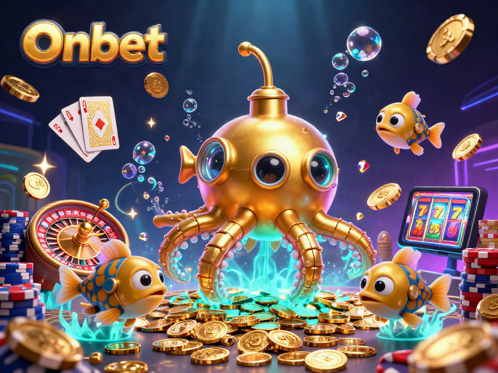 Engage with Onbet’s thrilling scene of a golden kraken submarine amidst vibrant casino elements.