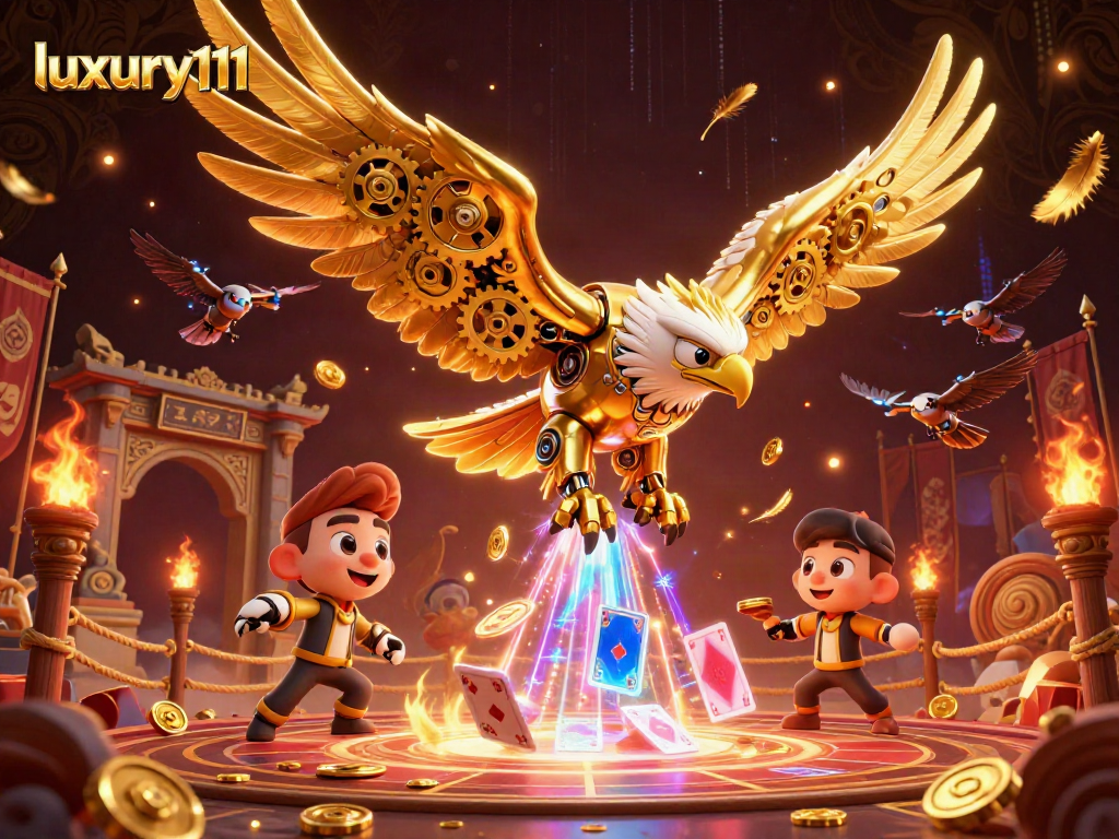 Experience thrilling gameplay with luxury111 as a cybernetic eagle dives amidst dynamic casino elements.