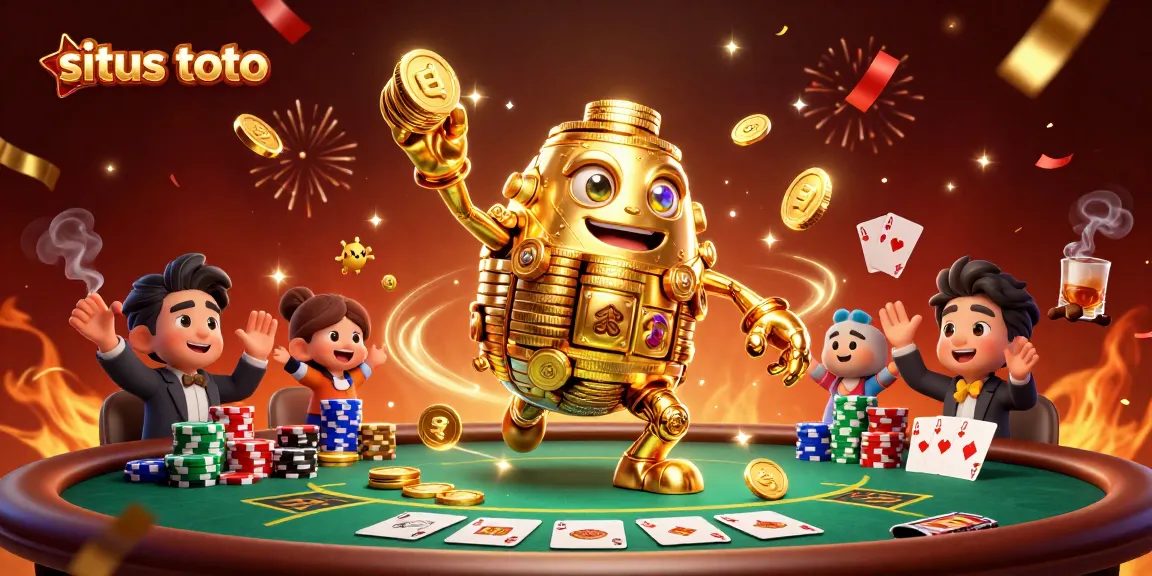 Engage with situs toto featuring a golden golem surrounded by vibrant poker elements in a dynamic casino scene.
