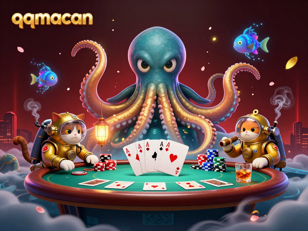 Engage in thrilling gambling with qqmacan's vibrant kraken and diving cat scene.