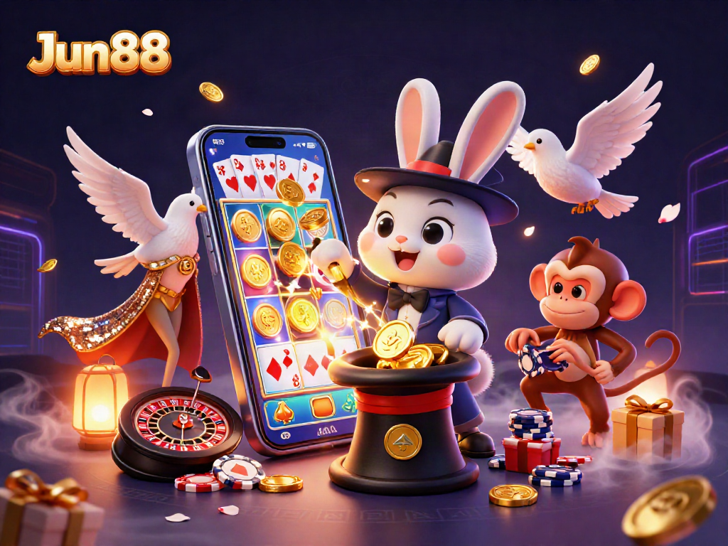 Experience thrilling wins with Jun88's vibrant casino scene featuring a magician, dove, and monkey.