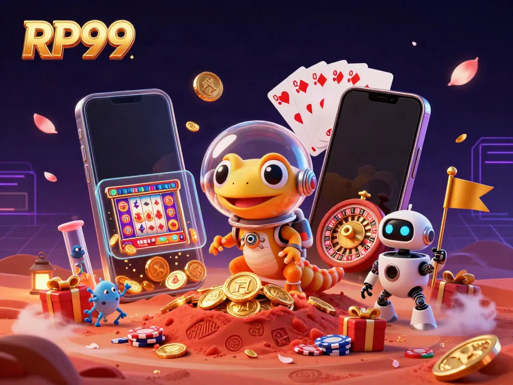 Engage with exciting gaming action at RP99 with a lively illustration of Martian characters celebrating their casino finds.