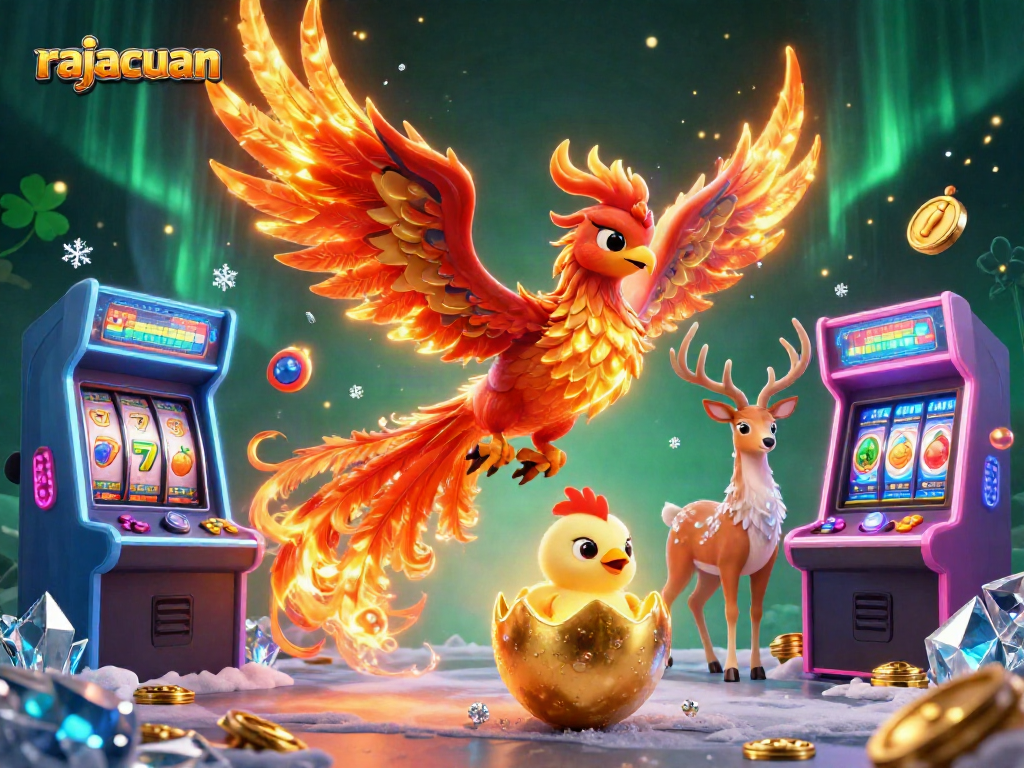 Experience rajacuan's vibrant world with phoenixes and gaming elements in this detailed illustration