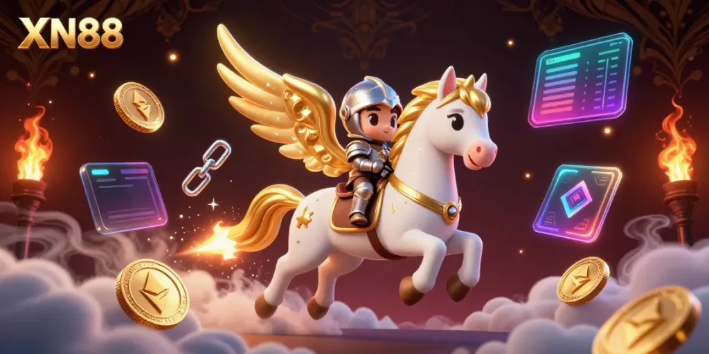 Experience thrilling gameplay with XN88's vibrant 3D casino illustration depicting a magical scene of a celestial horse and knight.