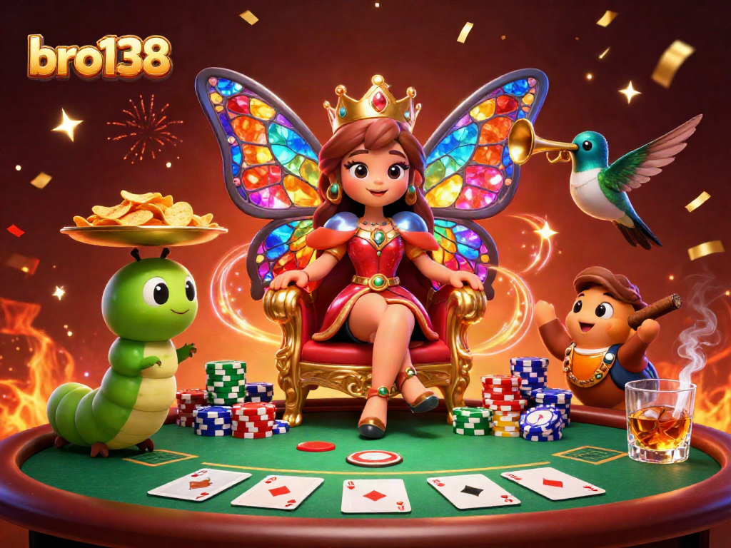 Engage with bro138's thrilling poker scene featuring a butterfly queen and colorful chips!