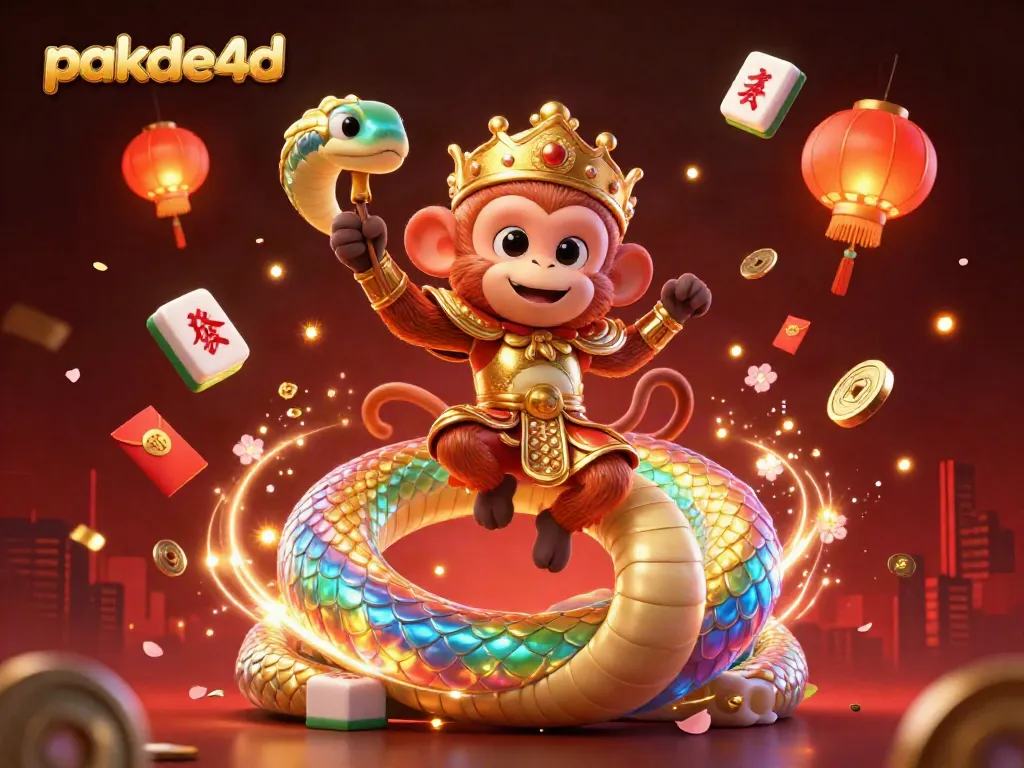 Engage with pakde4d's enchanting realm as a playful monkey king swings amidst vibrant casino-themed elements, ensuring an exciting online gambling experience.