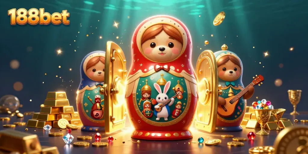 Engage with the vibrant 188bet scene where Matryoshka bears and a rabbit create a lively casino atmosphere filled with gold and jewels.