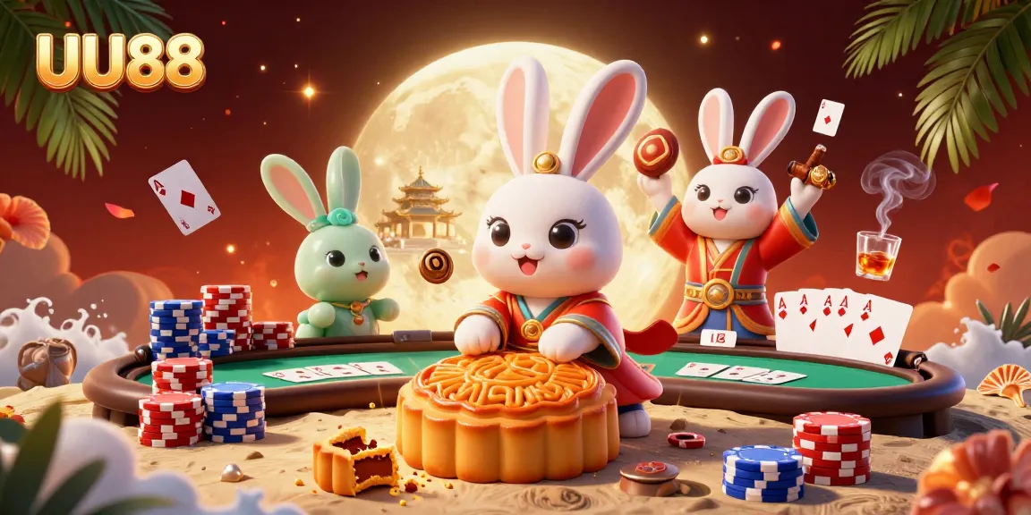 Engage in exciting poker action with UU88, featuring a moon rabbit scene and vibrant casino elements.