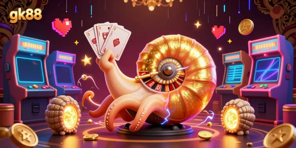 Engage in thrilling gameplay at gk88, featuring a giant nautilus roulette wheel amidst dynamic casino elements.
