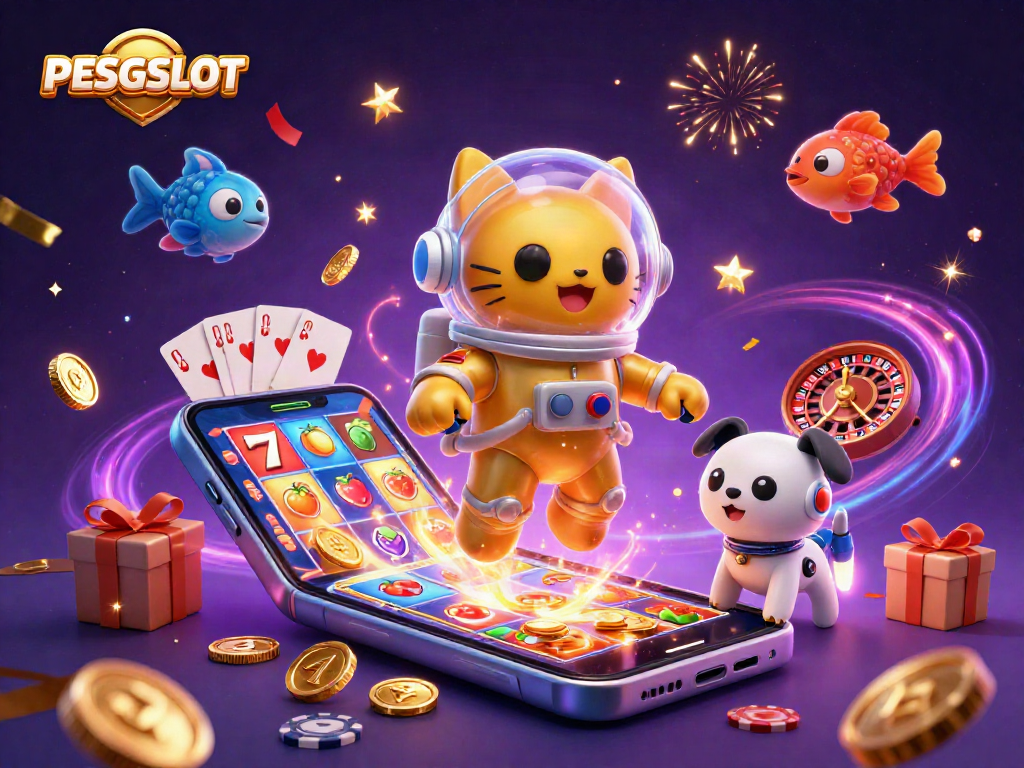 PESGSLOT display featuring a space astronaut cat and robot dog with slot game elements in a vibrant setting.