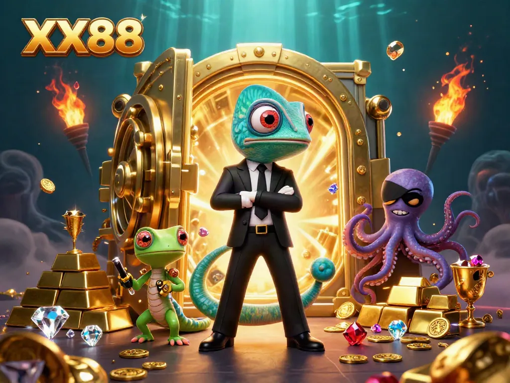 Immerse in the vibrant world of XX88, featuring a chameleon agent amid treasure and gems.