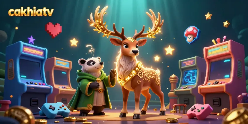 Cakhiatv brings a vibrant 3D casino scene with a druid stag and a wise badger celebrating gaming.