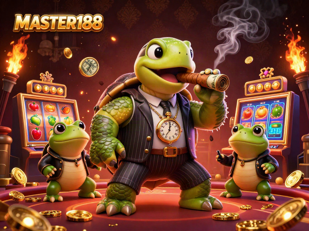 MASTER188 offers thrilling casino experience with a mobster turtle and bullfrog enforcers spinning slot reels.