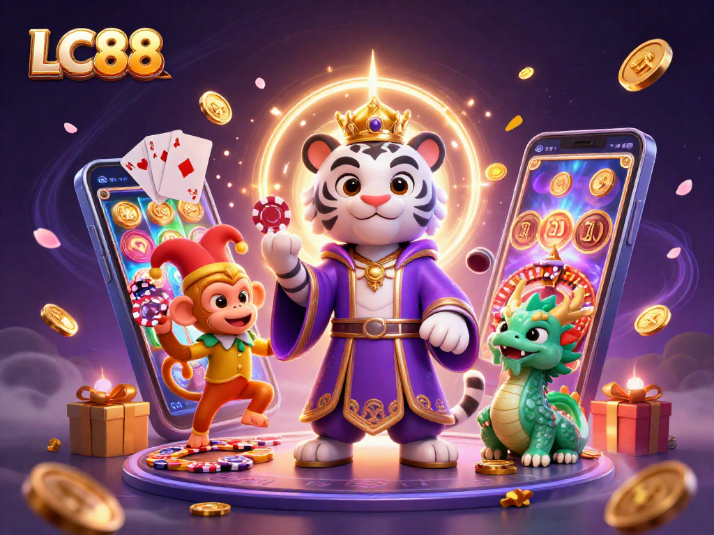 Play and win with LC88 in a vibrant 3D casino scene featuring exciting games and characters.