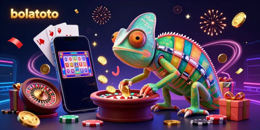 Experience the excitement of bolatoto with a vibrant chameleon casino owner, golden coins, and a lively gaming scene.