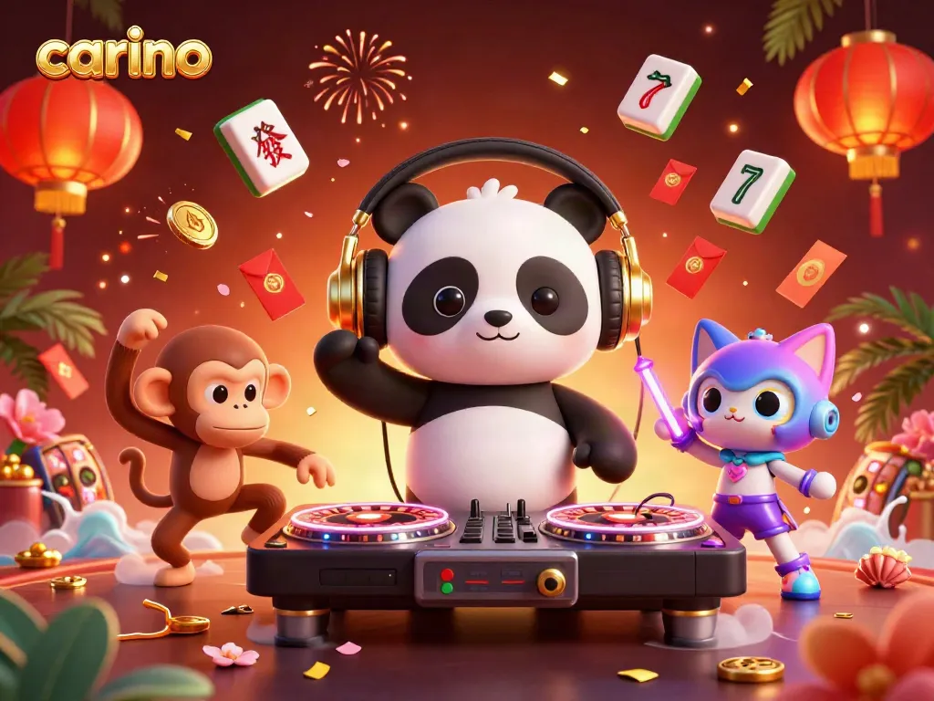 Experience carino's vibrant casino vibe with a DJ panda, dancing monkey, and glow-stick kitten.