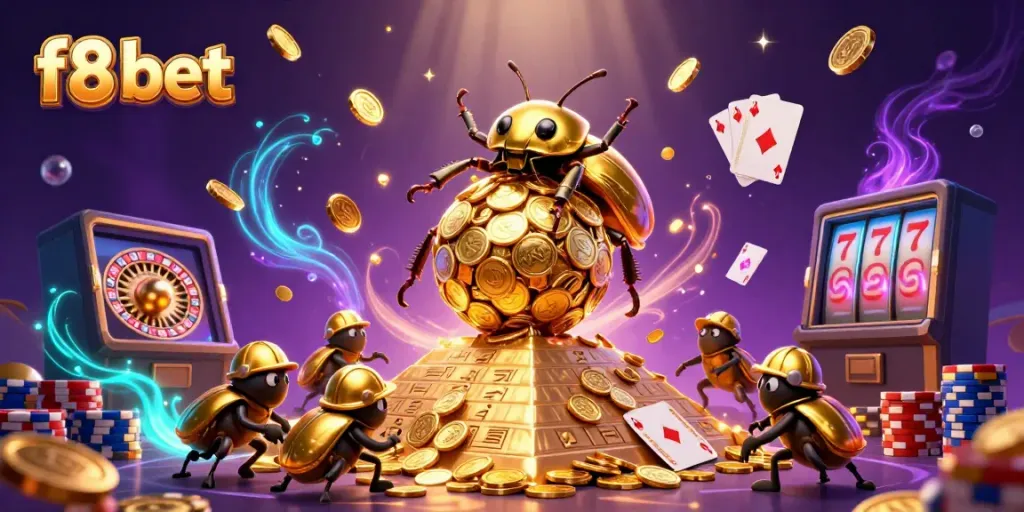 Experience the thrill of winning with f8 bet as a golden dung beetle rolls coins up a pyramid, surrounded by casino elements.