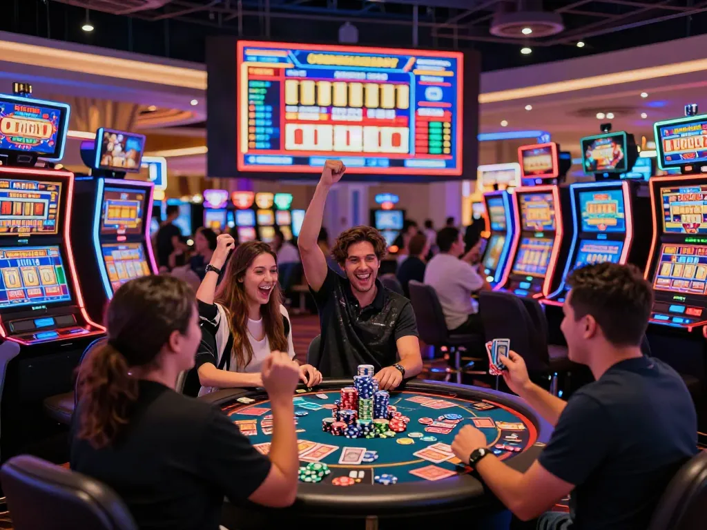 Thrilling Lucky777 casino gaming scene with players engaging at slot machines and celebrating wins.