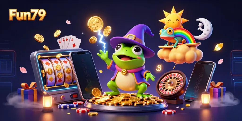 Experience the thrill of Fun79 as the wizard frog conjures golden coins amidst casino excitement.