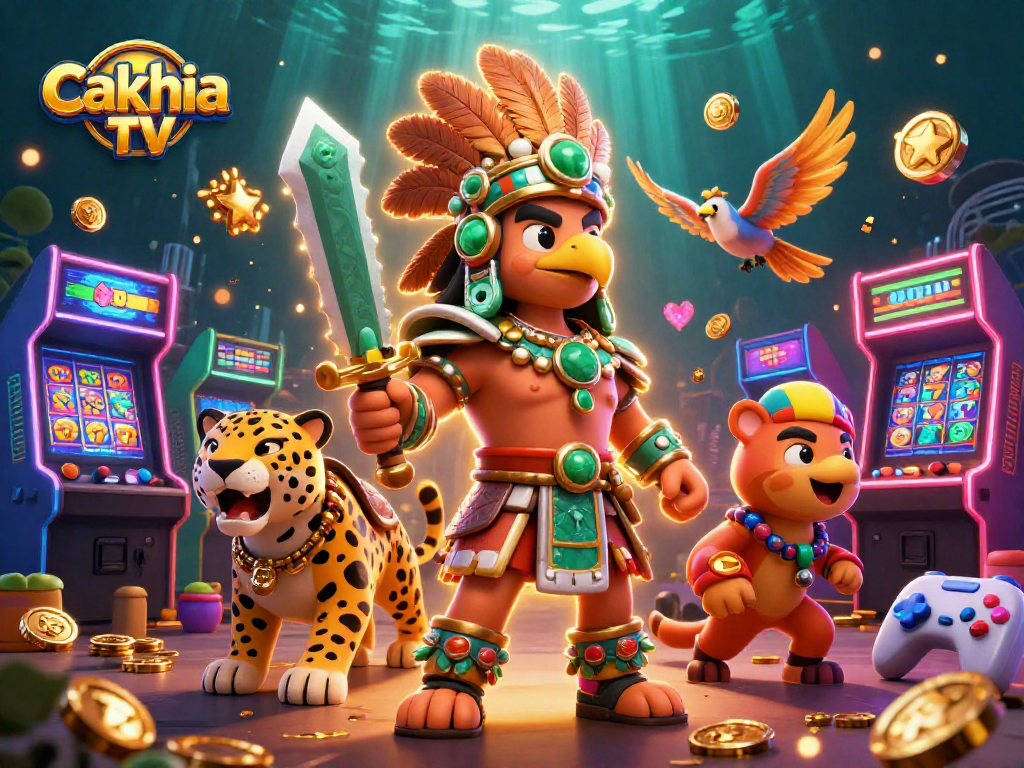 Cakhia TV showcases a vibrant slots-themed 3D digital art scene with dynamic character interactions.