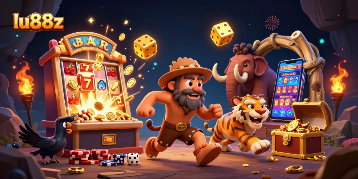 Experience casino excitement with lu88z's dynamic caveman and tiger duo illustration bursting with gaming energy.