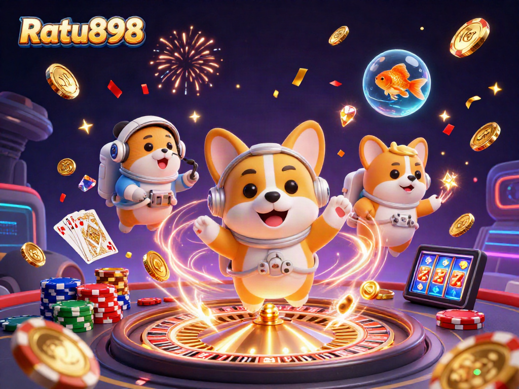 Ratu898 merayakan kemenangan dalam permainan kasino dengan corgi astronaut, hamster, dan ikan.