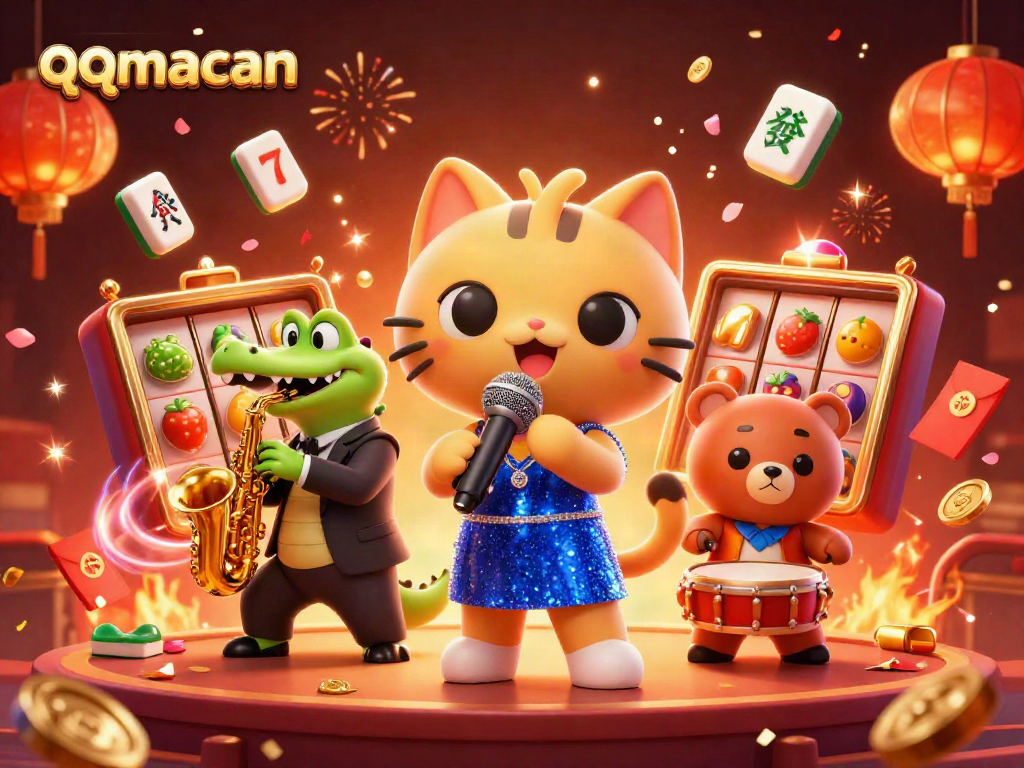 Experience thrilling gameplay with qqmacan, where cartoon characters celebrate amidst slot reels and festive decorations.