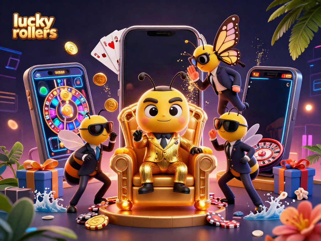 Experience the thrill at lucky rollers with a vibrant 3D casino scene of characters and game elements.