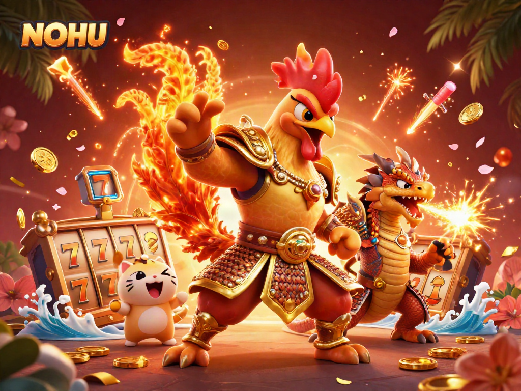 Engage with NOHU's thrilling slot action featuring a golden samurai rooster and dragon guardian.