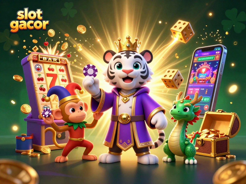 Gamer beruntung meraih slot gacor dengan tumpukan koin dan simbol keberuntungan di latar belakang yang megah.