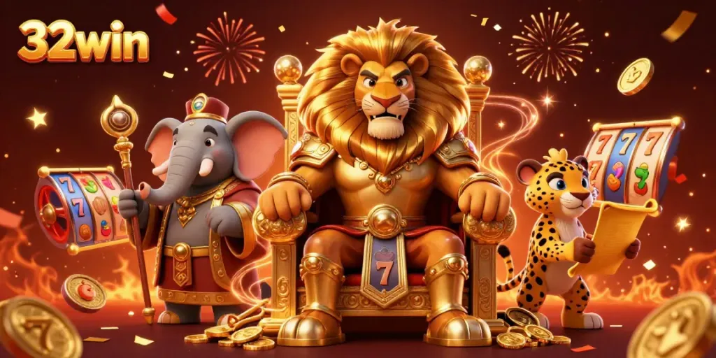 Experience thrilling gameplay at 32win with the fierce lion king and royal symbols of fortune.