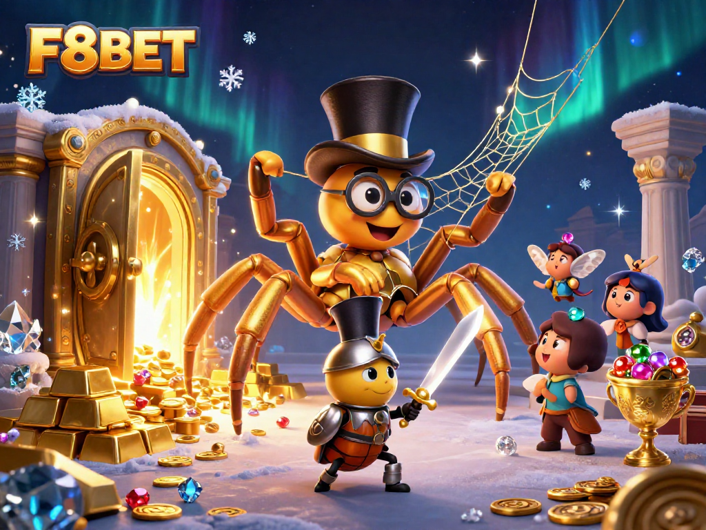 F8BET's giant golden tarantula weaving a golden web among treasures in an engaging casino setting.