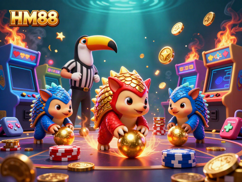 Watch the rival pangolins compete in a thrilling HM88 casino showdown, surrounded by poker chips and vibrant game elements.