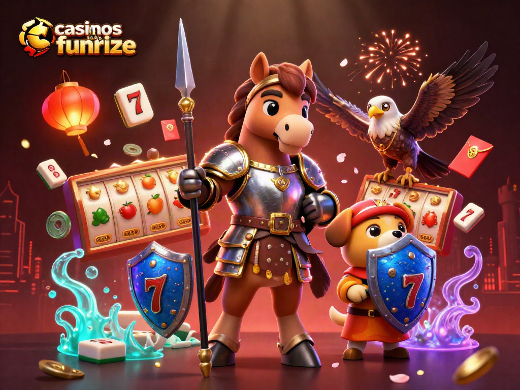 Engage with casinos like funrize as the medieval knight battles amidst vibrant slot reels and festive decorations.