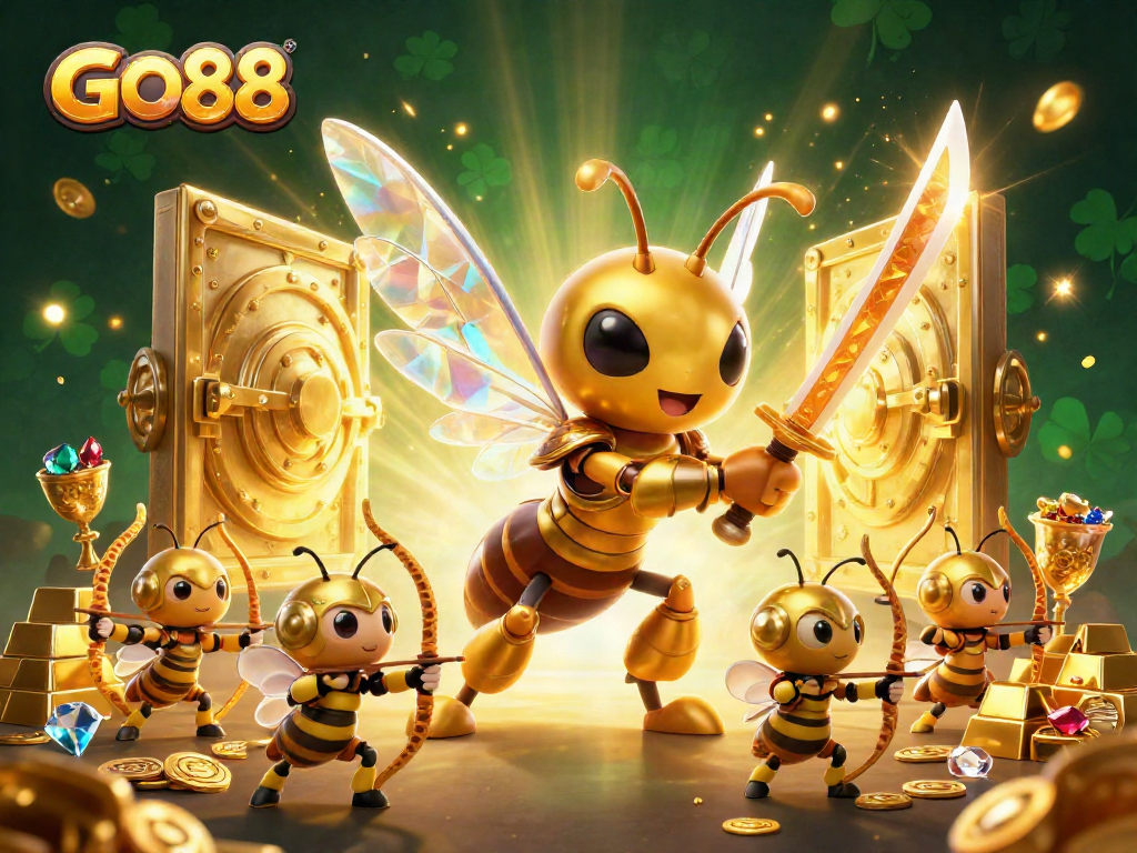 Win big at GO88 with exciting 3D casino characters surrounded by treasures and vibrant lights.