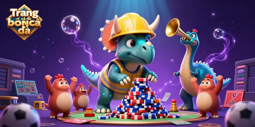 Engage in Trang cá độ bóng đá with a lively scene of a triceratops building poker chip towers, surrounded by festive elements.