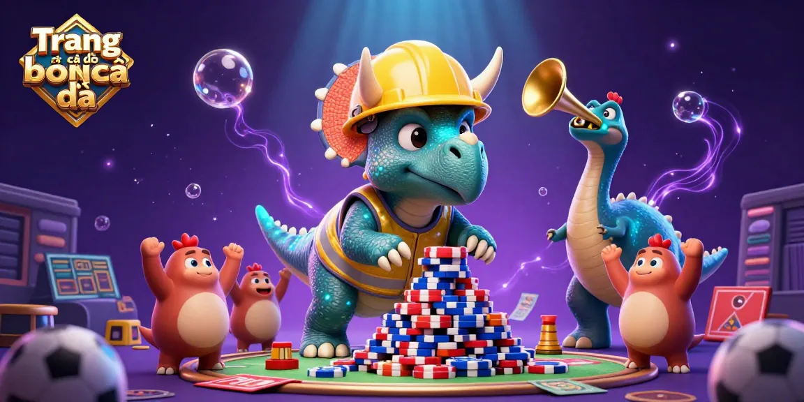 Engage in Trang cá độ bóng đá with a lively scene of a triceratops building poker chip towers, surrounded by festive elements.