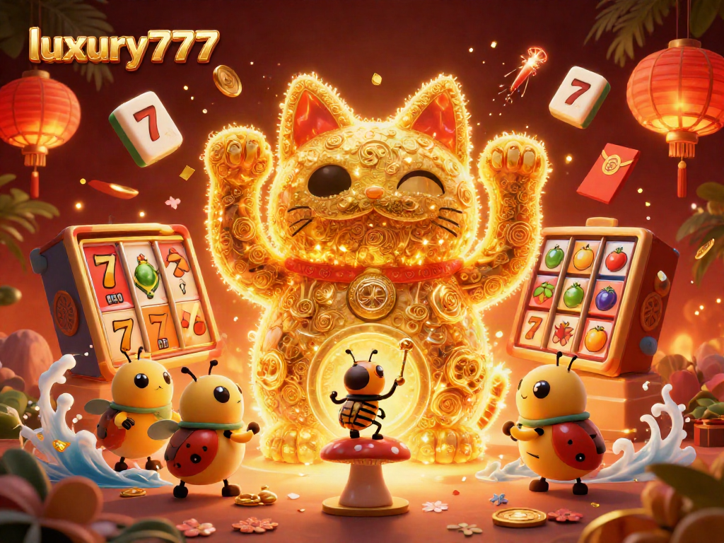 Play exciting slots with luxury777 in this vibrant 3D casino world featuring lucky symbols.