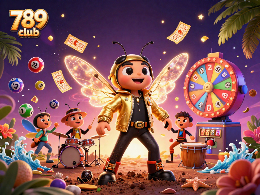 Engage with 789 club's vibrant casino scene featuring a buzzing cicada rock star, dynamic game elements, and an electrifying atmosphere.