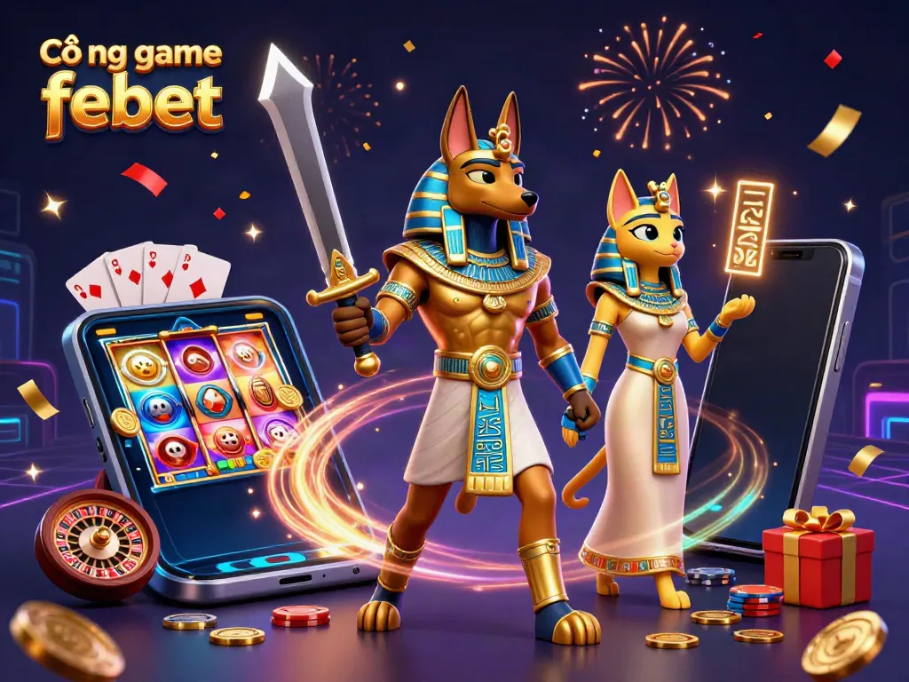 Engage with Cổng game febet's exciting casino adventure featuring Anubis and Bastet surrounded by dynamic gaming elements.