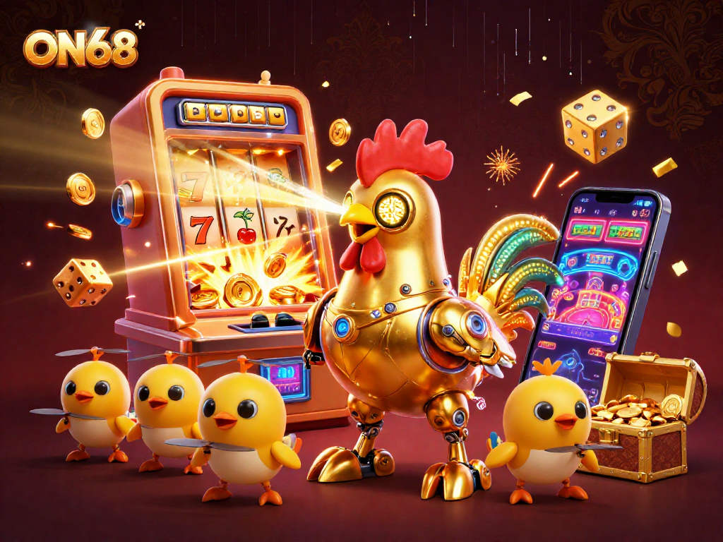 Engage with ON68 through a vibrant 3D scene showcasing a golden rooster robot and dynamic casino elements.