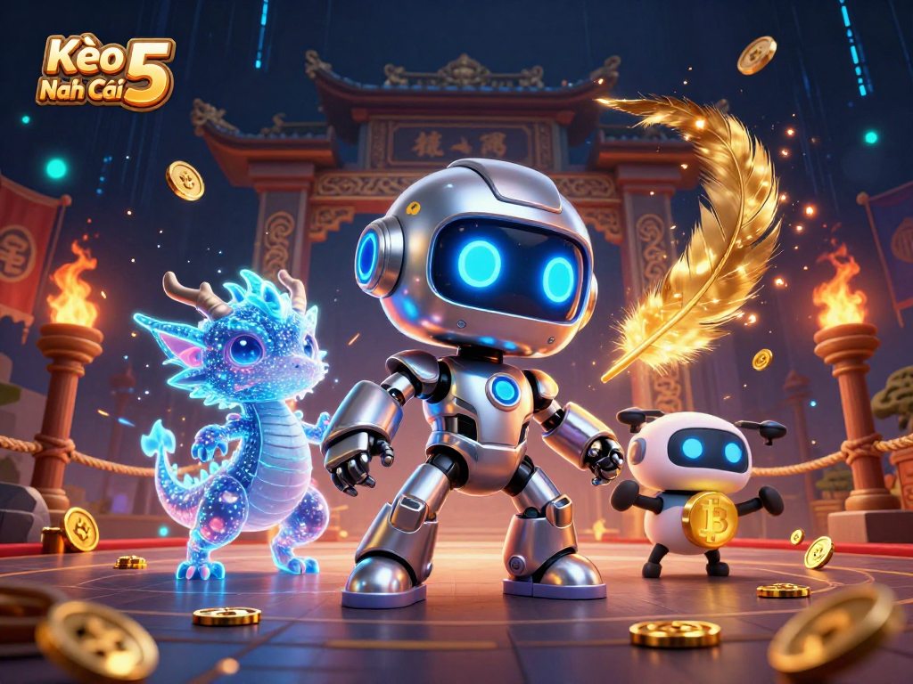 Kèo Nhà Cái 5 showcases a vibrant scene with a cyberpunk robot and AI dragon in a dynamic casino illustration.